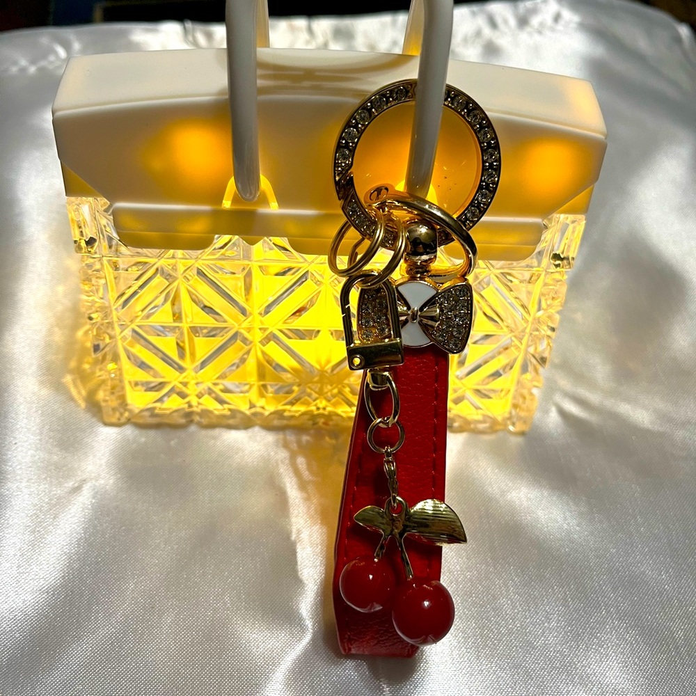 Cherry Keychain w/ Faux Leather Strap & Rhinestone Accents